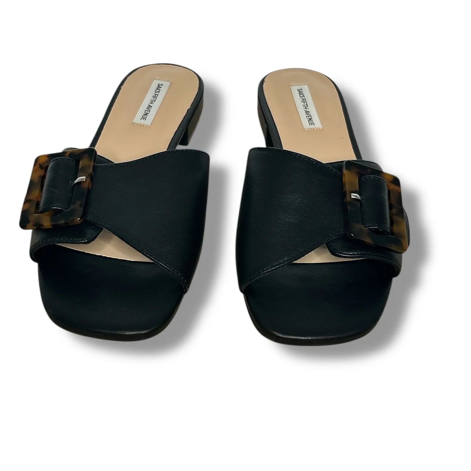 Saks Fifth Avenue Black Leather Flat Sandals Tortoise Buckle Size 8.5 - Image 6