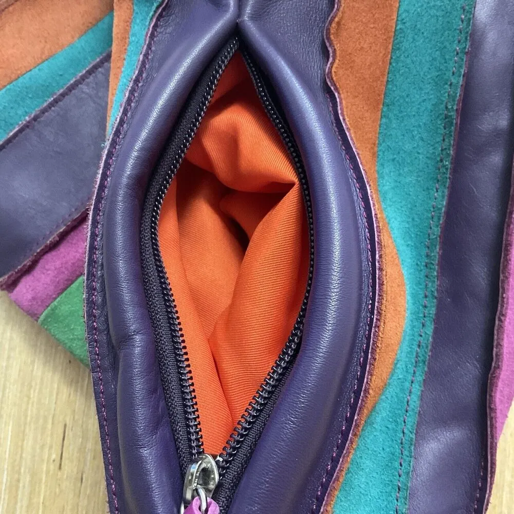 MYWALIT Crossbody Drawstring Stripe Purple Orange Green Leather Suede Purse Bag - Image 13