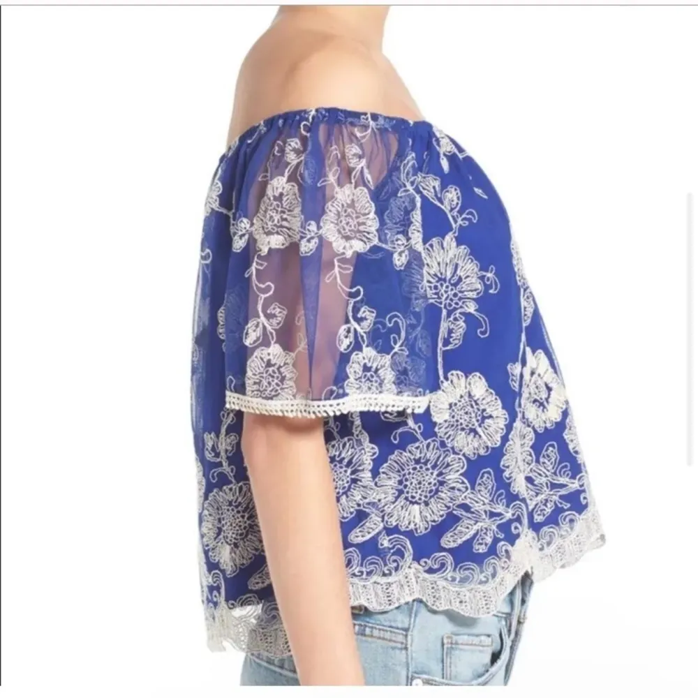 Lovers + Friends Life’s a Beach off the shoulder blue floral embroidered top. XS - Image 3