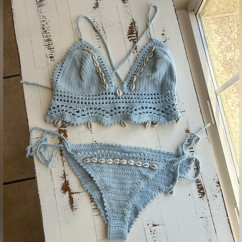 Crochet top and bottom baby blue with seashells bikini swim set Size undefined - Image 10
