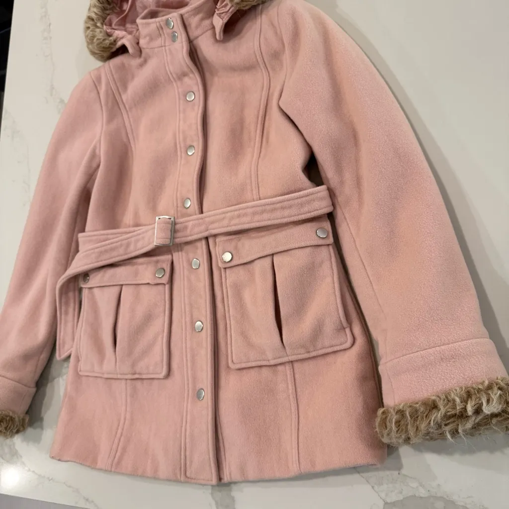 Express Button Front Wool/Cashmere Blend Pea Coat Faux Fur Trim Women’s 6 Pink - Image 2