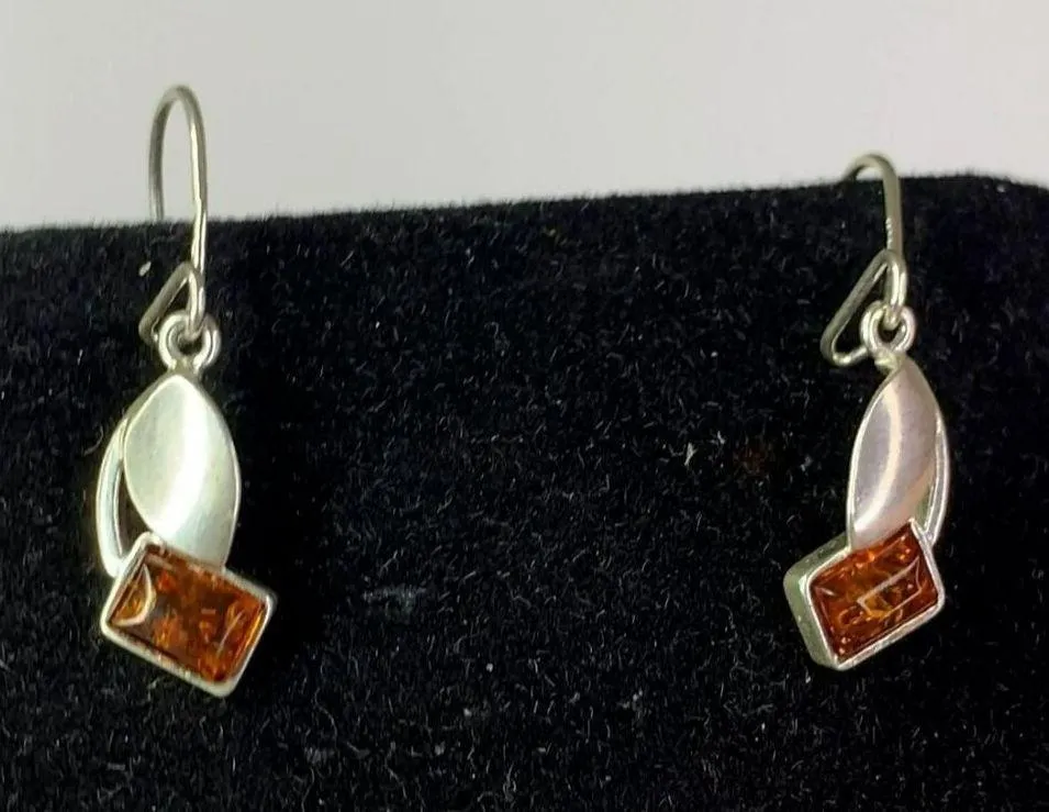 Sterling Silver 925 Amber Cognac Dangle Earrings, Rich Orange Colors - Image 9