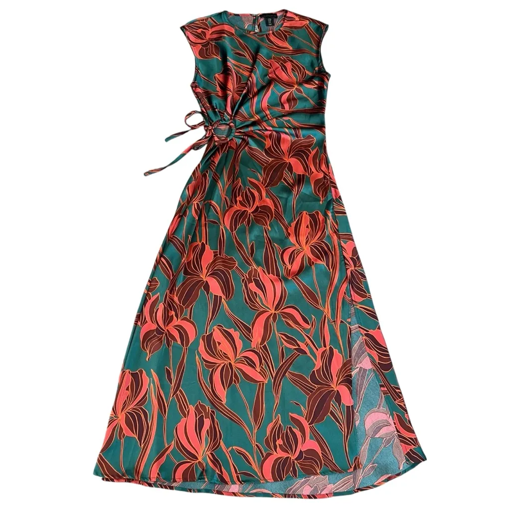 House Of Harlow 1960 Revolve Satin Floral Slip Maxi Dress Cut Out Tie Waist Sz M Green Size M - Image 9