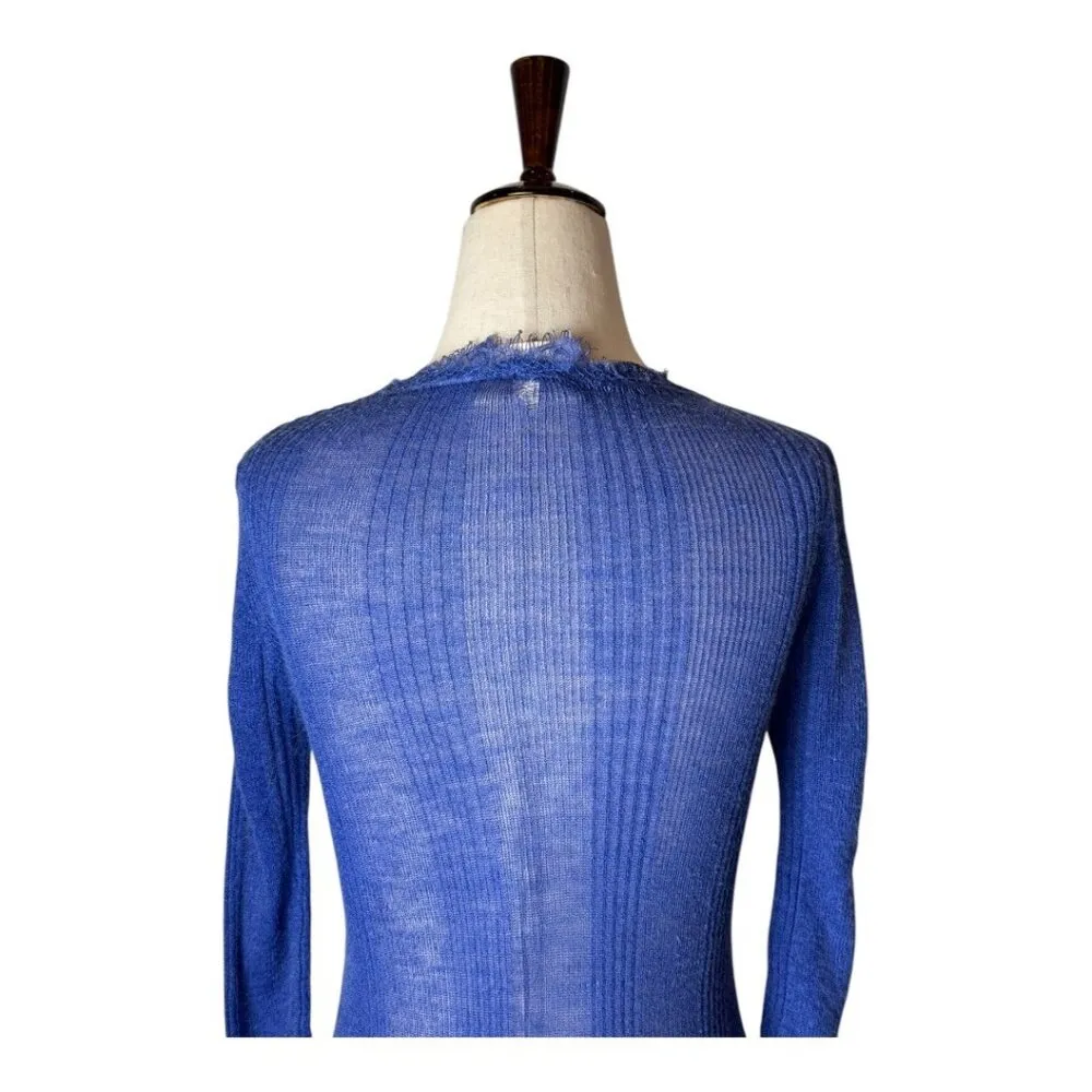 PPLA Shirt Women Small Blue‎ Knit Linen Blend Fringe Stretch Henley Top Sheer - Image 4