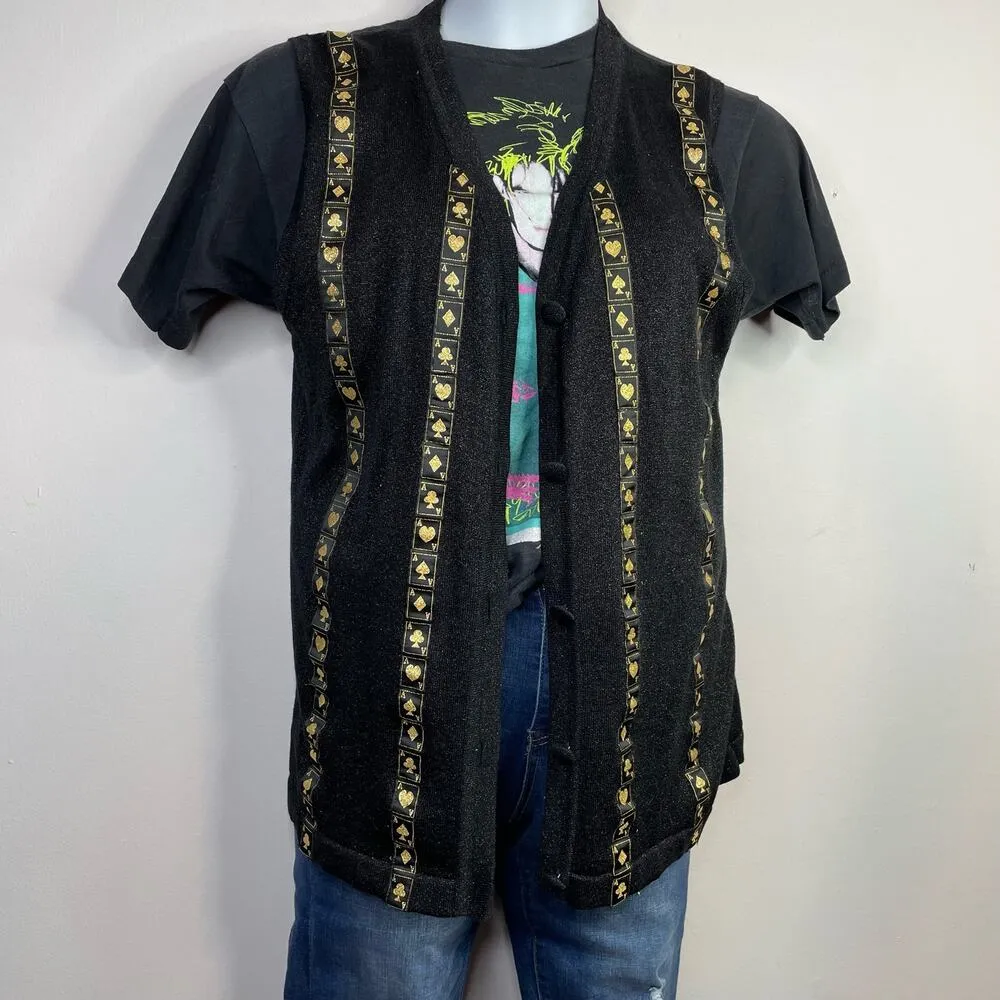 Vintage Richard Sport Metallic Black Aces Playing Cards Vegas Sweater Vest S - Image 7
