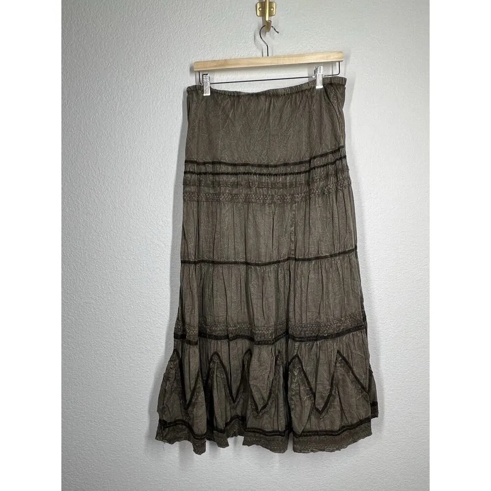 Vintage Nikky Tiered Maxi Skirt Medium Faded Olive Green Lace Trim Y2K - Image 3