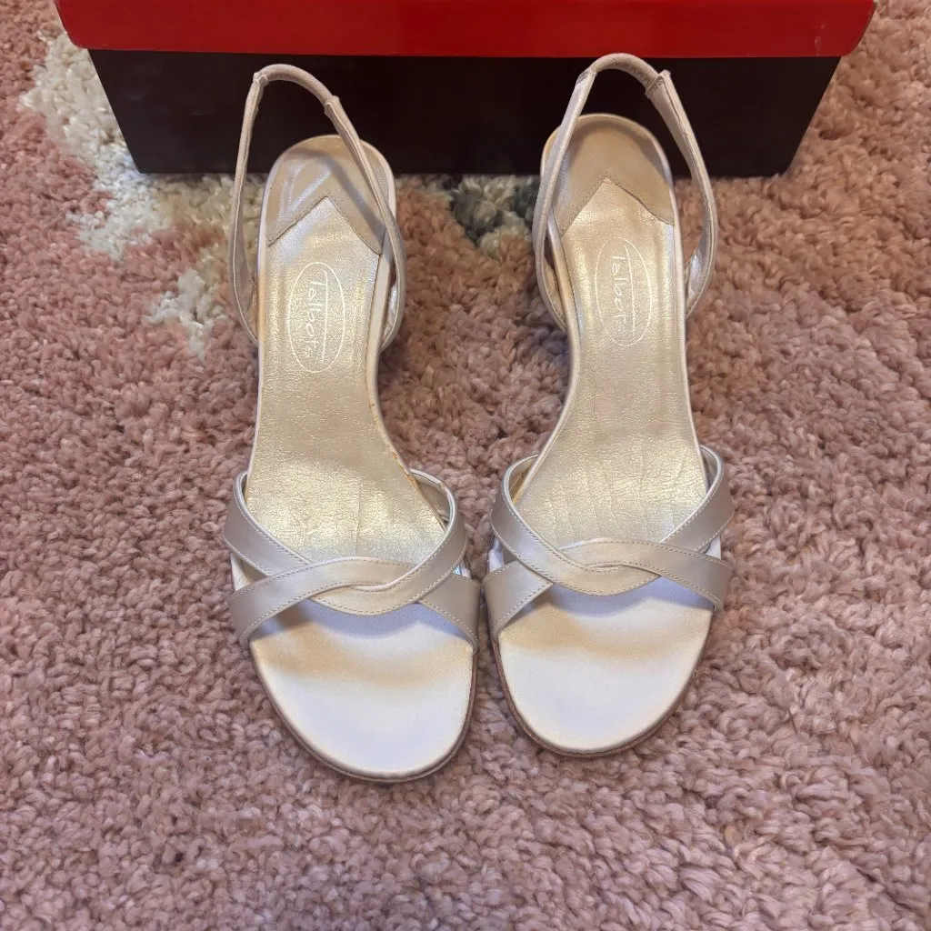 VTG TALBOTS Champagne Leather High Heels Open Toe Strappy Womens Sz 7M NEW-READ - Image 2