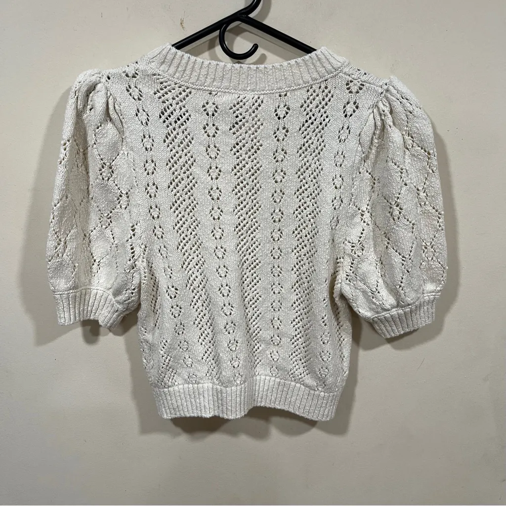NWT Free People Eloise Ivory Pointelle Puff Sleeve Sweater Top size small - Image 3