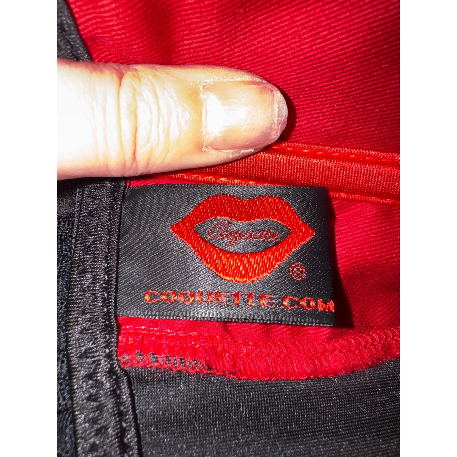 Vintage Red Black Satin Corset Bustier Top Rhinestone Zipper Ruffle Coquette.com Size M - Image 4