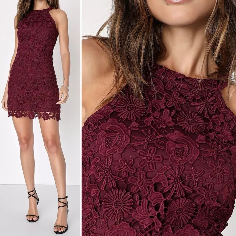 Lulus Love Poem Burgundy Lace Halter Mini Dress Size Small Valentine's Day Date - Image 9
