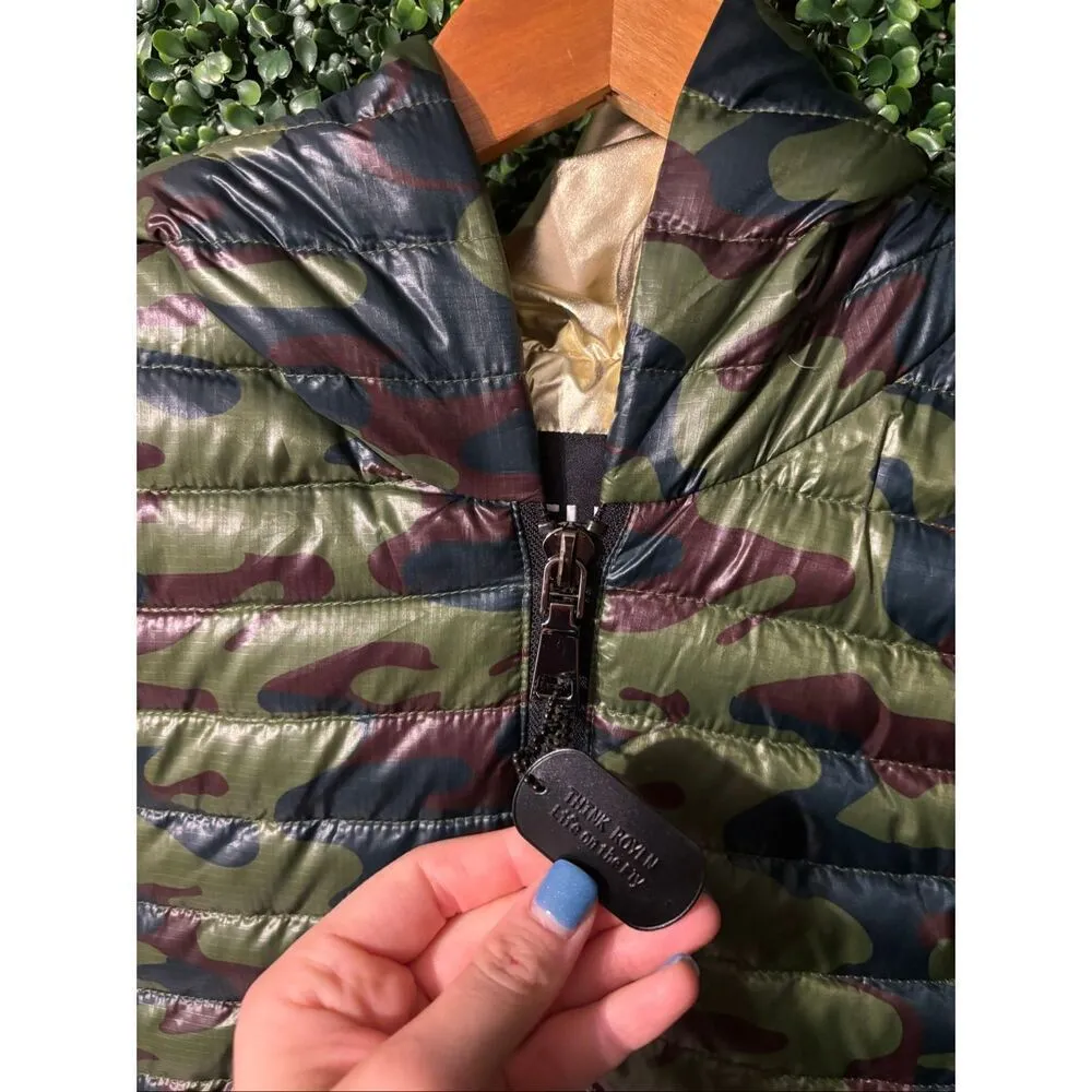 Think Royln Crop Hi Low Hoodie Poncho Green Camo Gold Duck Down XS/S NWT NEW - Image 2
