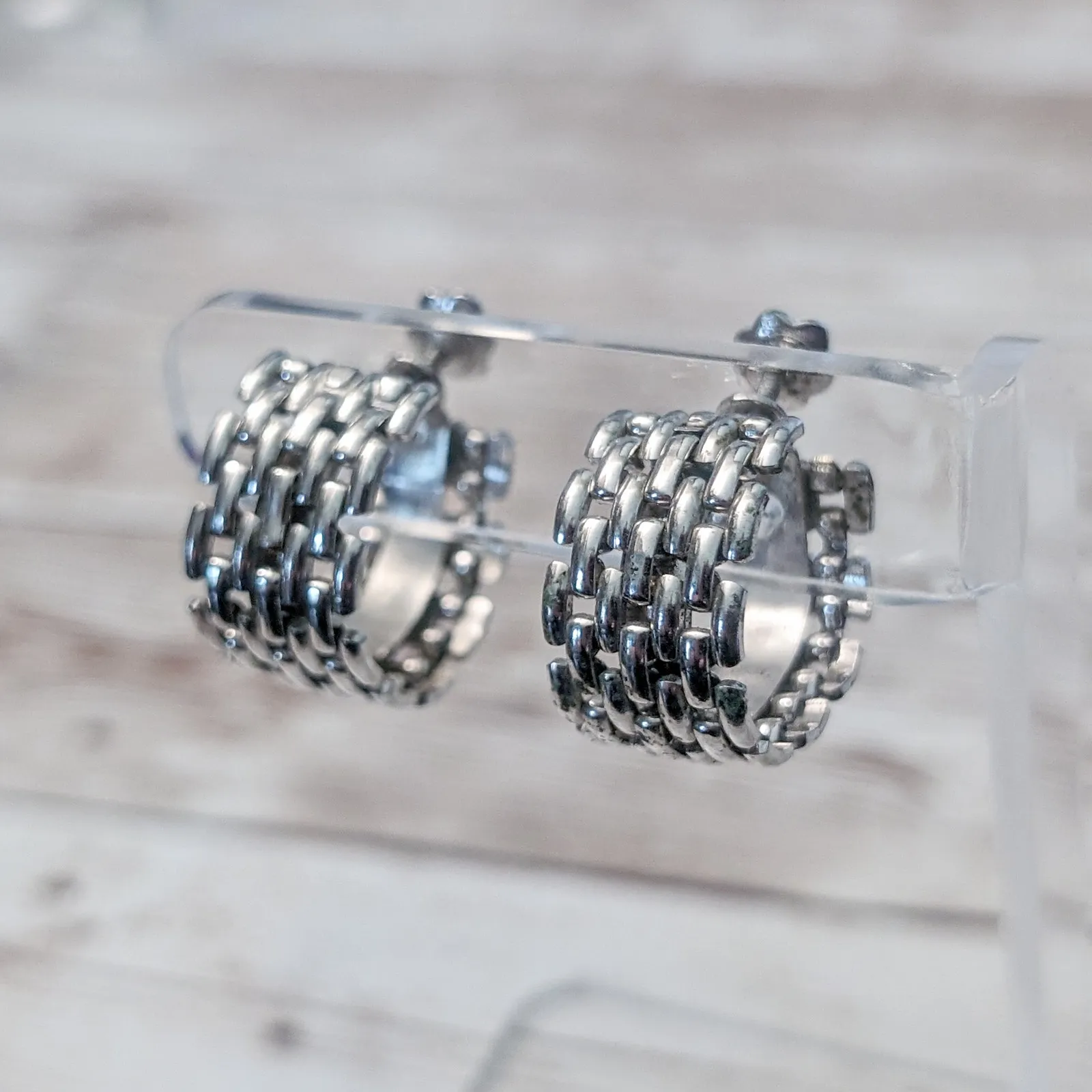 Vintage Screw On Earrings Chunky Silver Tone Hoops - Image 2