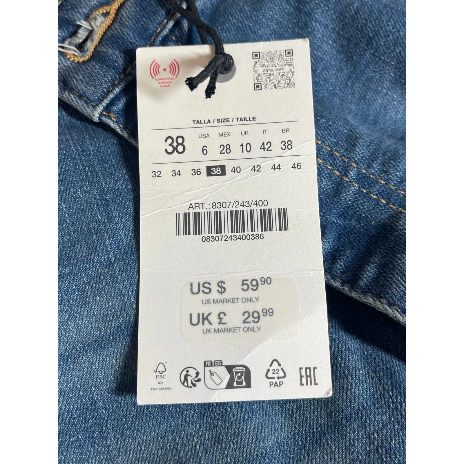 NEW Zara Blue High Rise Cropped Baggy Trouser Wide Leg Denim Jeans Pants Size 6 - Image 3