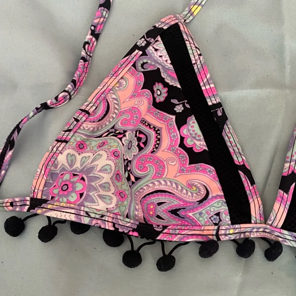 Womens Bikini Triangle Swim Top S Small Boho Multicolor Print Fringe Pom Trim Pink - Image 2