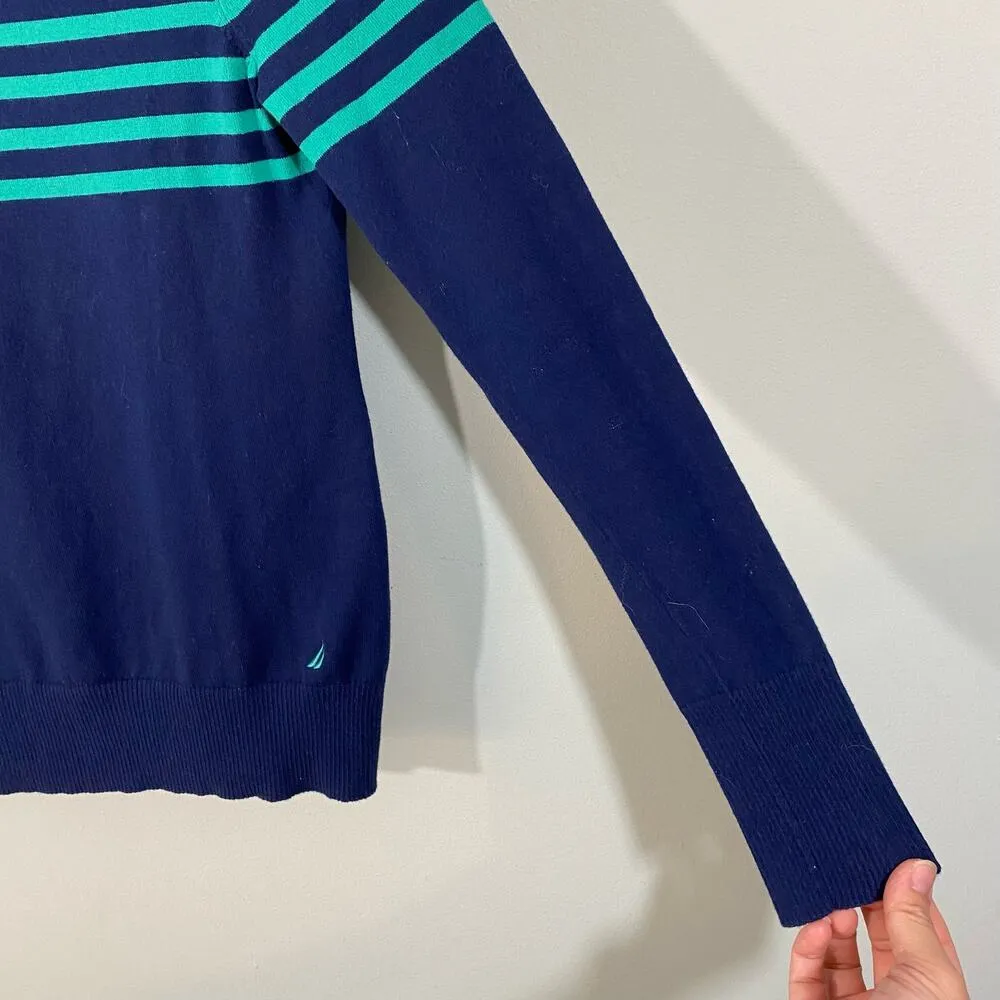 Nautica Navy & Green Striped Square Neck Sweater Size S Coastal Preppy - Image 6