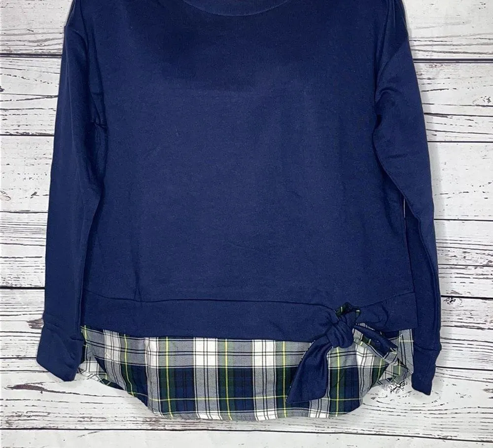 Izod NWT Size L Navy Blue w/ Plaid Layered Look 2-Fer Tie Front Sweatshirt Top - Image 2