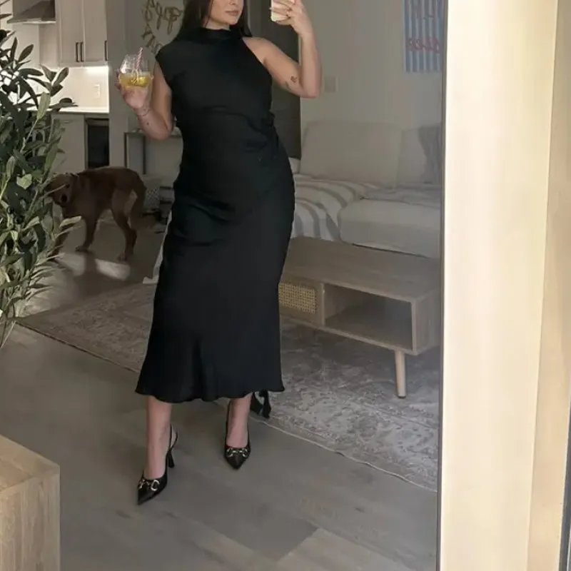 Shona Joy Black Satin Gown Size 12 Asymmetrical Backless Formal Maxi Dress $360 - Image 5