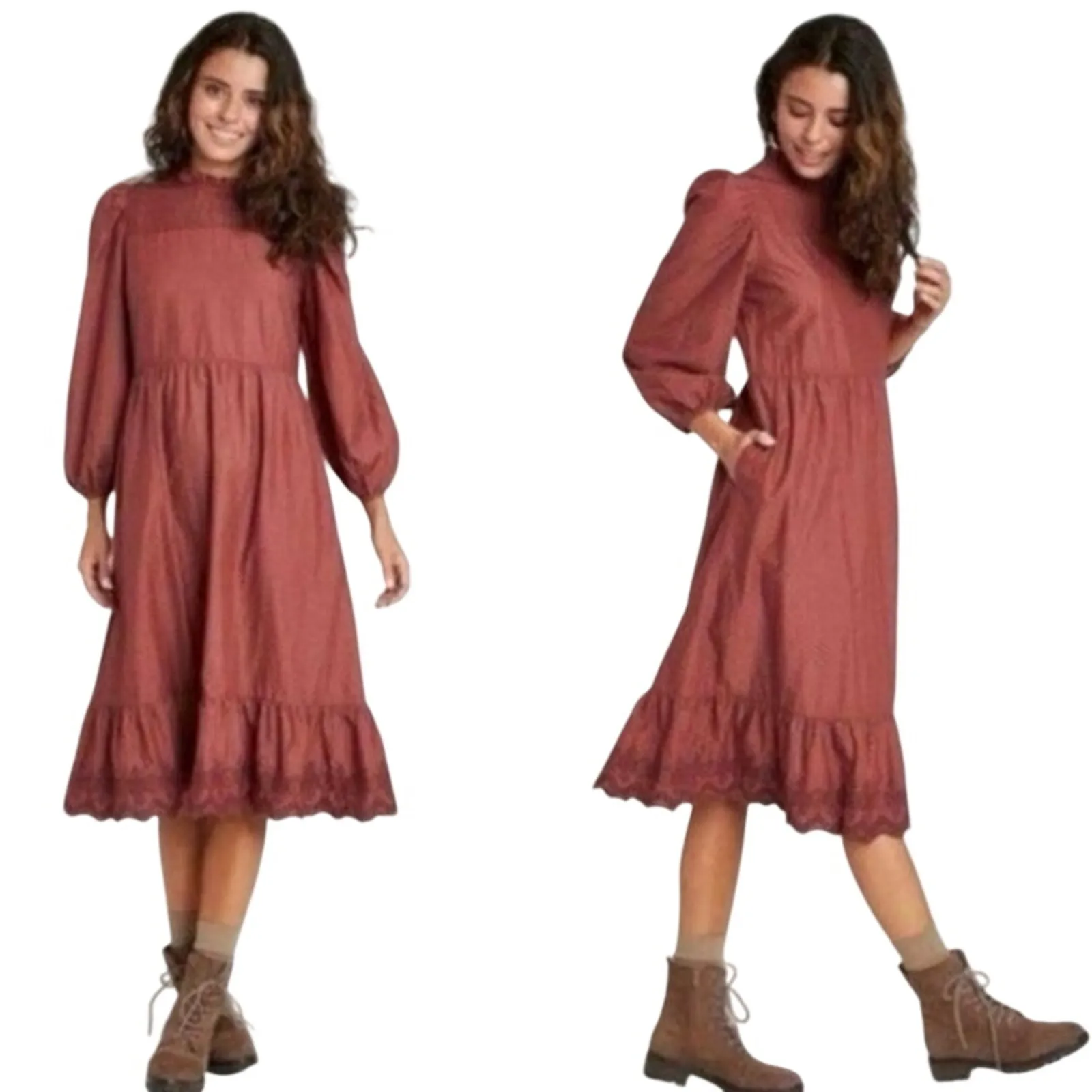 Long Sleeve Midi Burgundy Dress Universal Thread Target embroidered Lace detail - Image 2