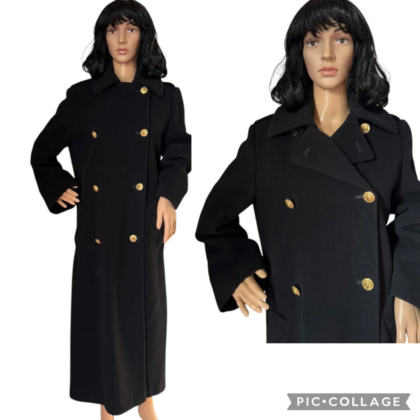 Perry Ellis Vintage Black Wool Military-Style Long Coat 1970s–1990s small - Image 2