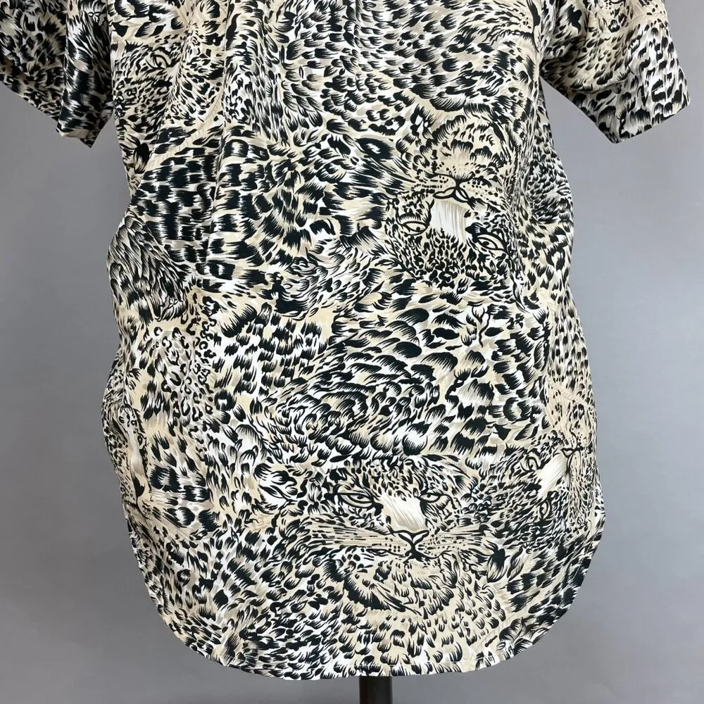 Vintage Leopard Print Blouse Faces Animal Jungle Top Shirt Women Black Tan White Size XL - Image 6