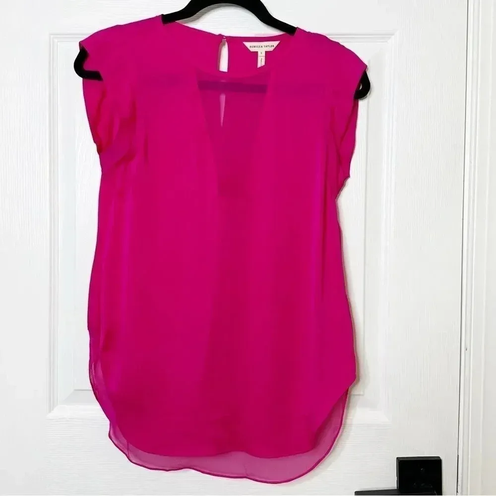 REBECCA TAYLOR Charlie‎ Top 100% Silk Fuschia Barbiecore Size 2 - Image 2