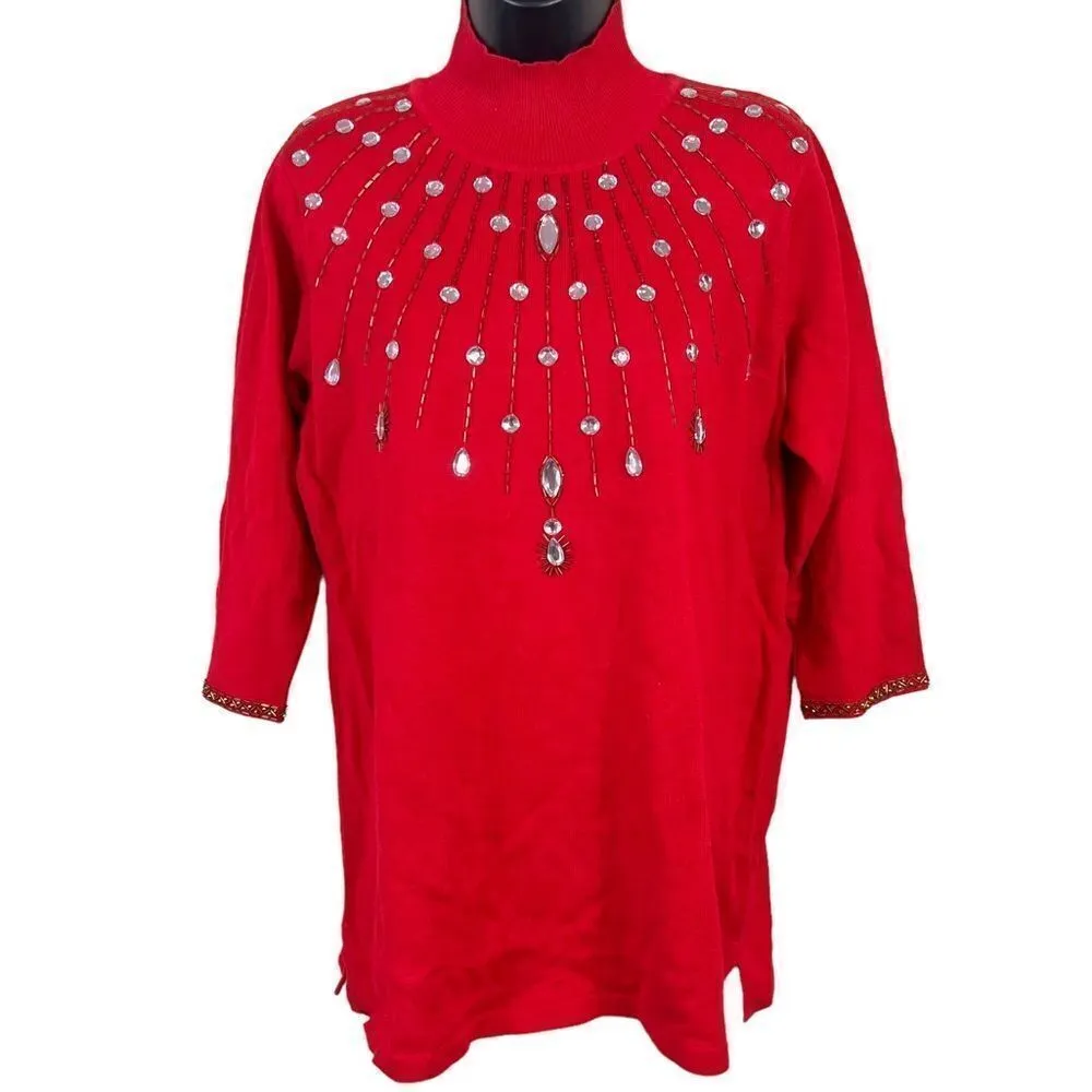 Vintage Carol Pattergan Red Linen Blend Jeweled Turtleneck Sweater Size M - Image 14
