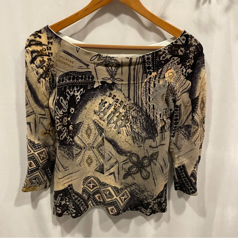 Y2K southwest beaded sequin urban southwest boat neck lightweight sweater Black Size L - Image 3