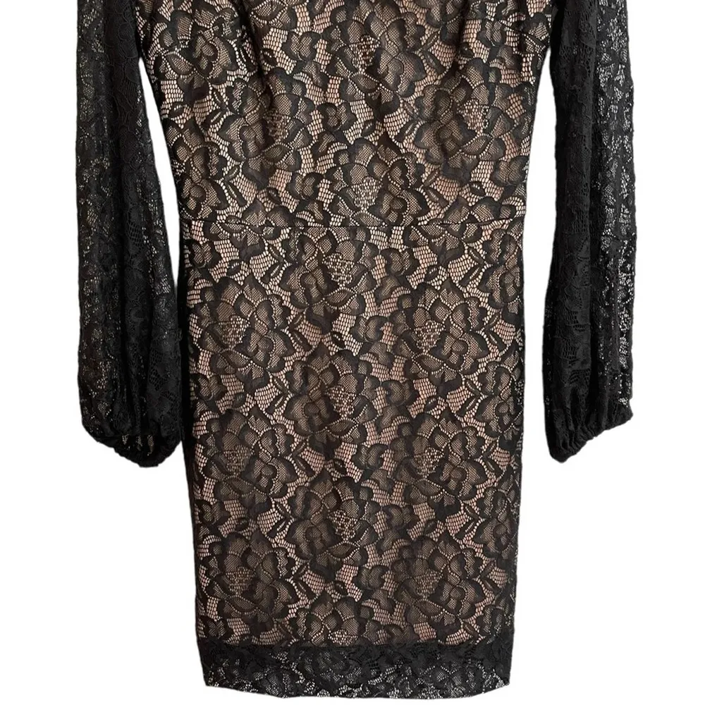 Dress the Population Off the Shoulder Black Nude Blouson Sleeve Lace Dress NWT - Image 6