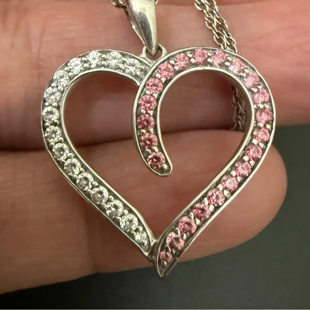 Vintage 925 Sterling Silver Pink Clear Pave Crystal Open Heart Pendant Necklace - Image 9