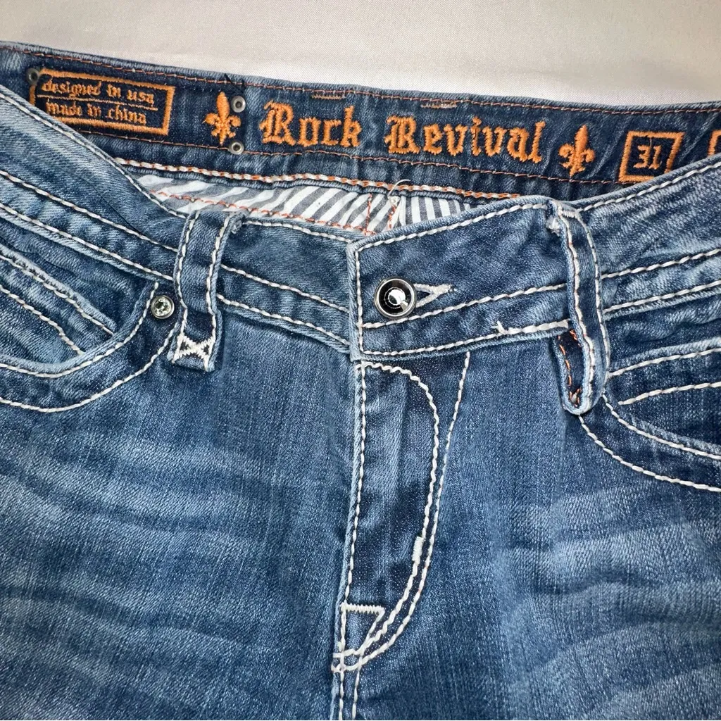 Rock Revival • Scarlett Wide Leg Jeans Size 31 Fleur De Lis Lily Rhinestones - Image 7