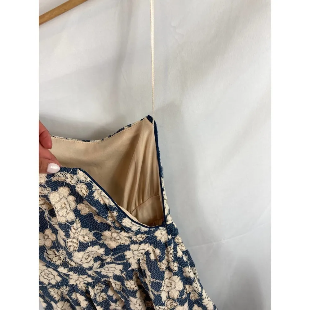 NSR Prairie NAVY & CREAM One Shoulder FLORAL LACE Ruffle MIDI DRESS small - Image 4