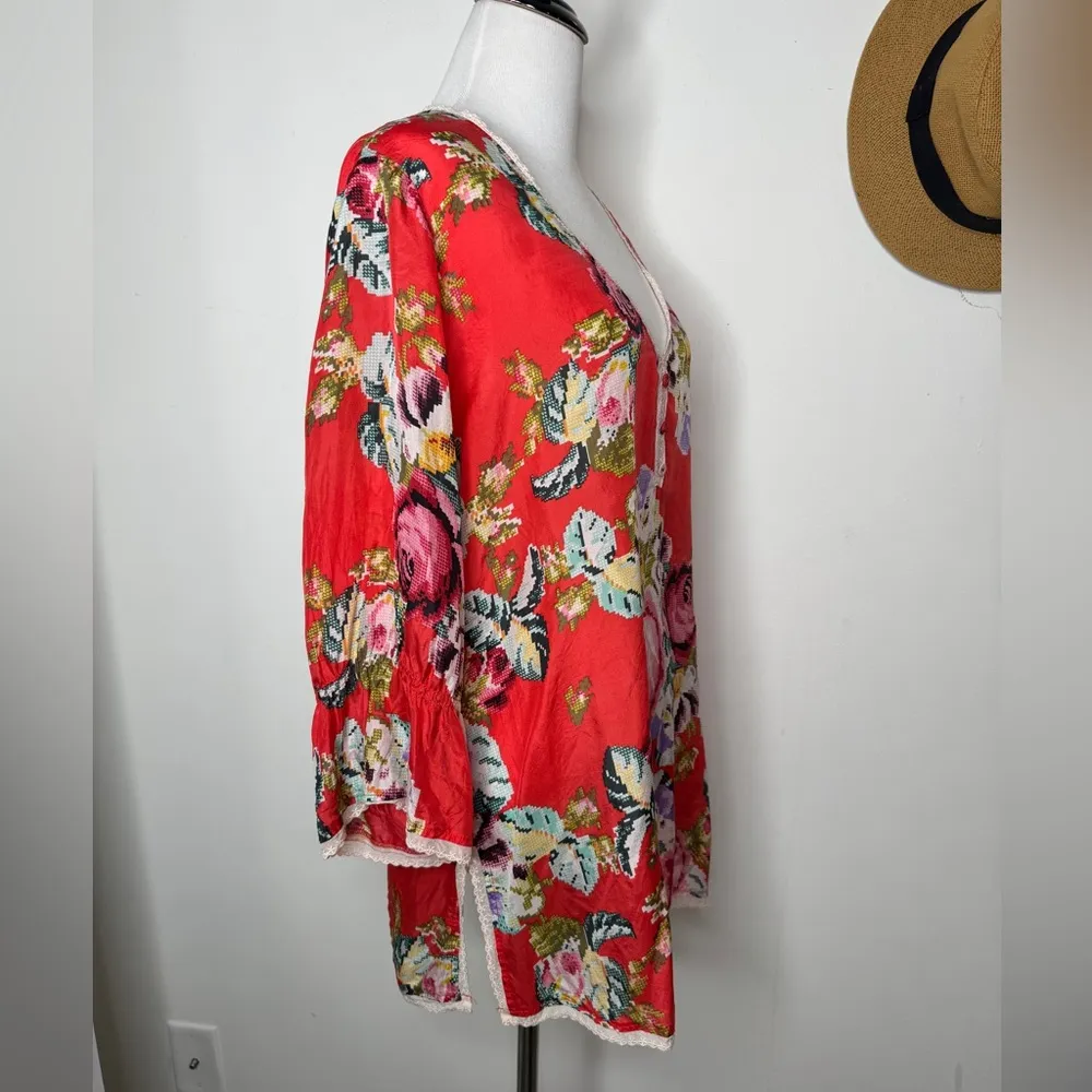 Johnny Was Red Floral 100% Silk Tunic Blouse Size L - Image 5