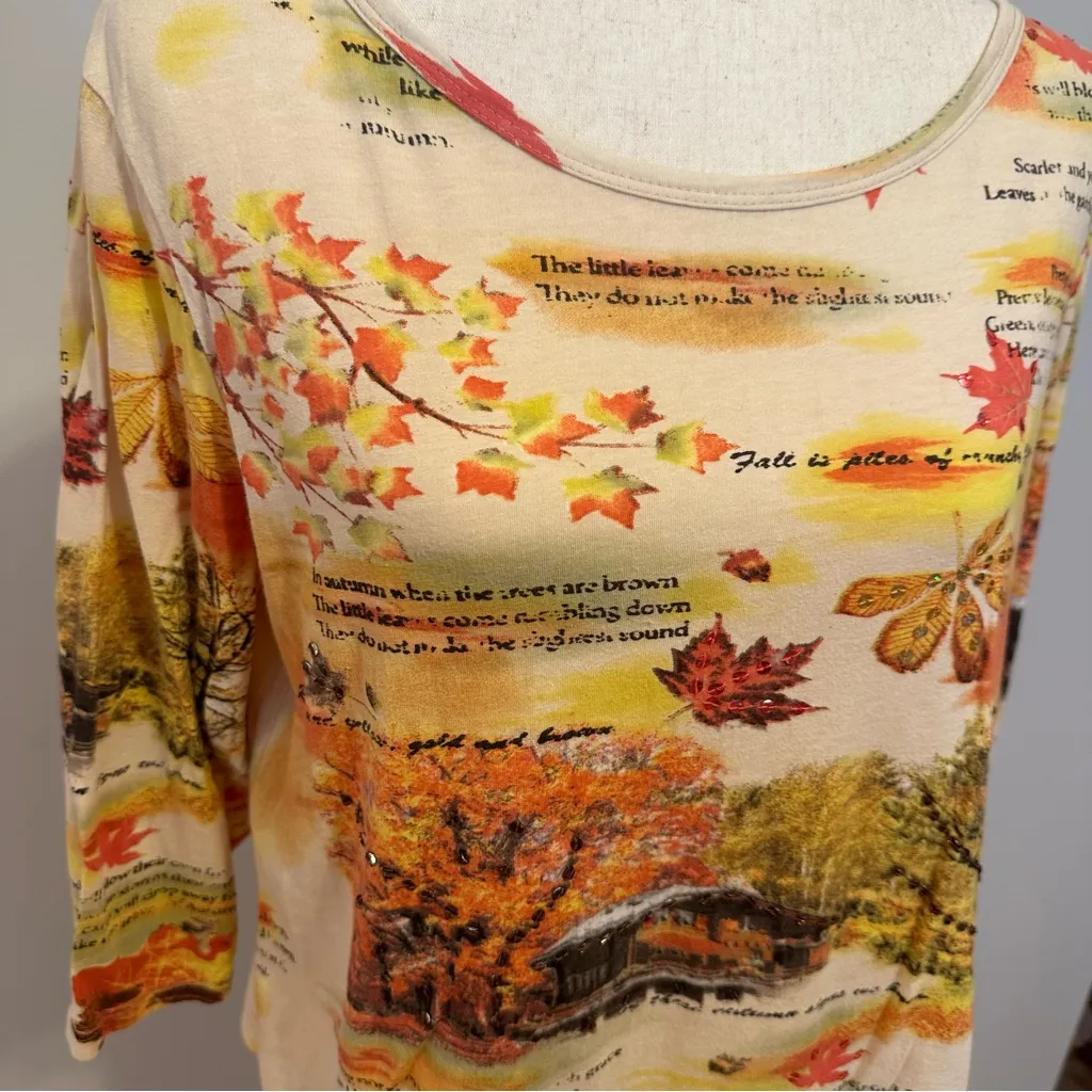 Collections Etc. 90s 100% Cotton Fall Poetry Sequin Long Sleeve Top Size M Orange Size M - Image 5