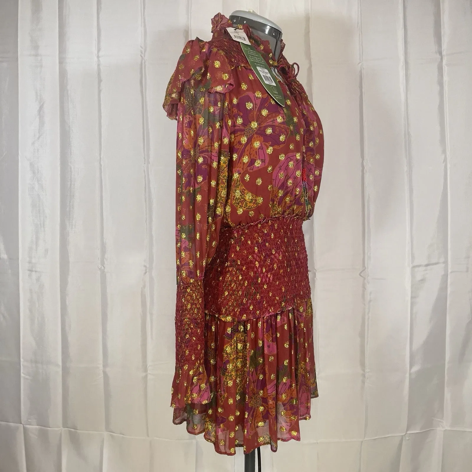 Farm Rio Banana Flower Polka Dot Red Mini Dress Small Maroon Gold Flirty NWT - Image 3
