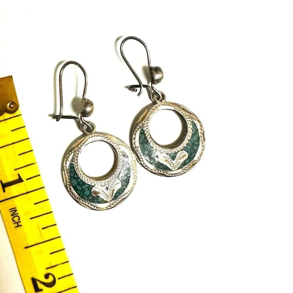 Sterling Silver Mexico Turquoise Chip Inlaid round Earrings Blue - Image 6