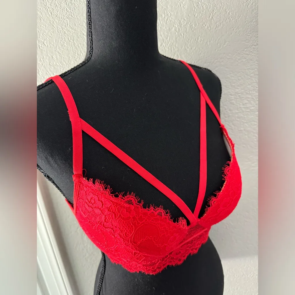 NEW Windsor Sexy Bright Lipstick Red Strappy Lace Padded Bralette Festival S - Image 3