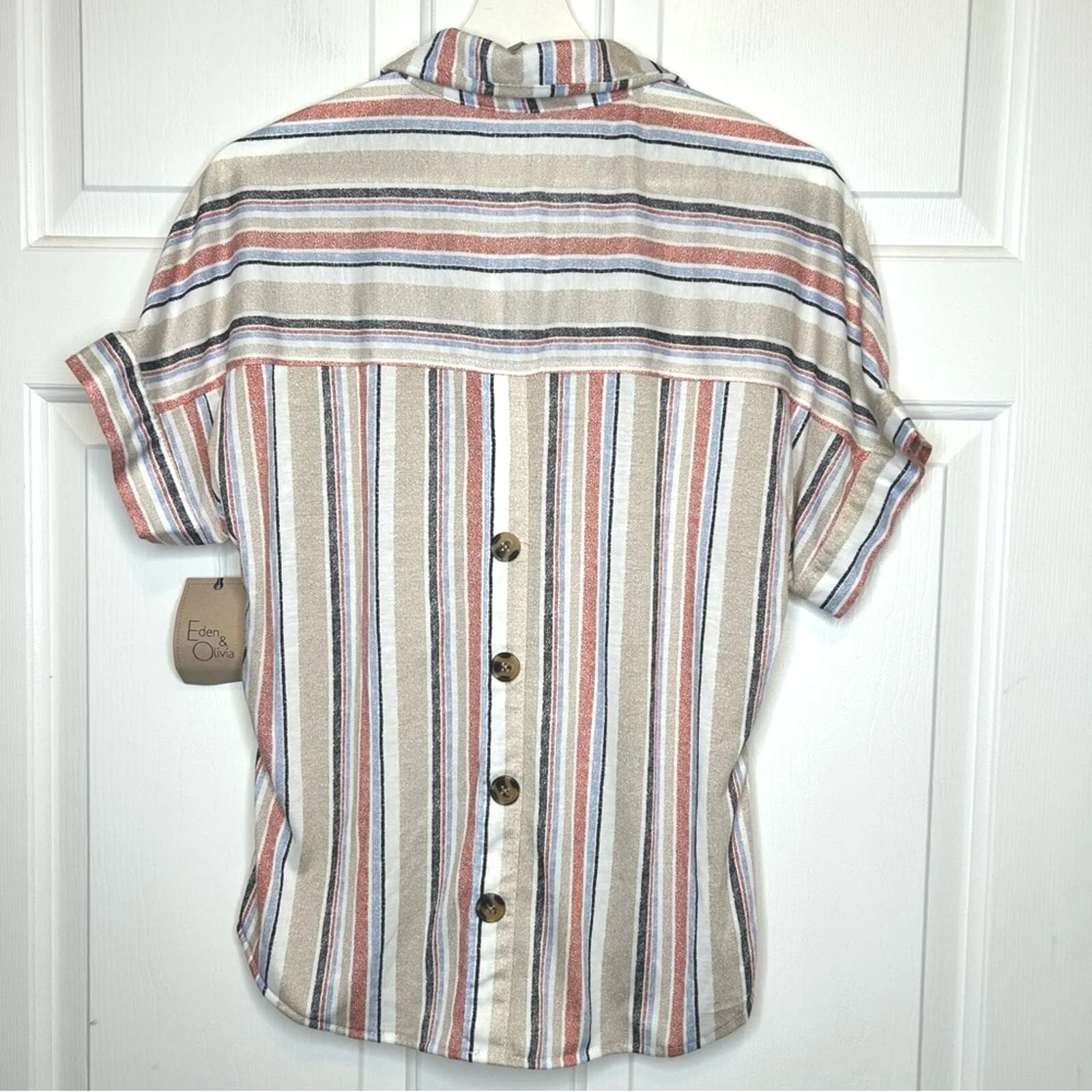 Eileen & Olivia Striped Short Sleeve Top, Button Back Detail, Collared Shirt S - Image 2