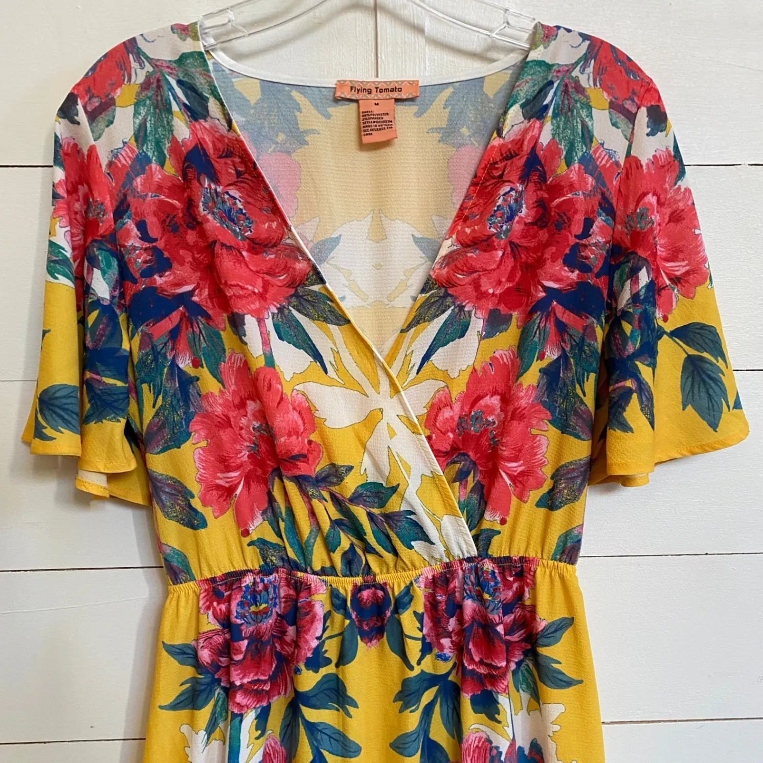 Flying Tomato Yellow Floral Maxi Dress Flutter Sleeve VNeck Bohemian Boho Size M - Image 3