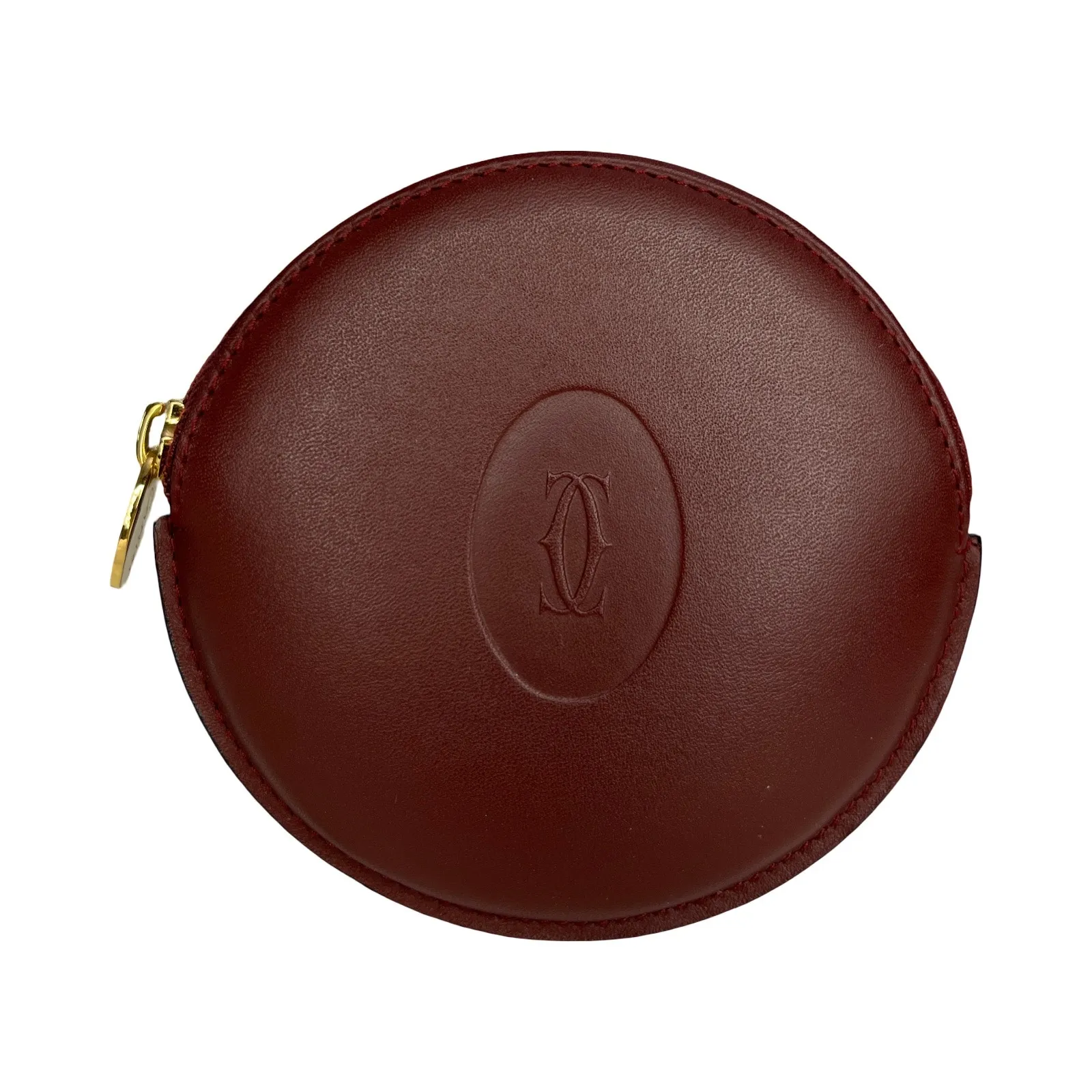 Vintage Must de Cartier Bordeaux Round Coin Purse Leather Gold Zipper Spain - Image 12