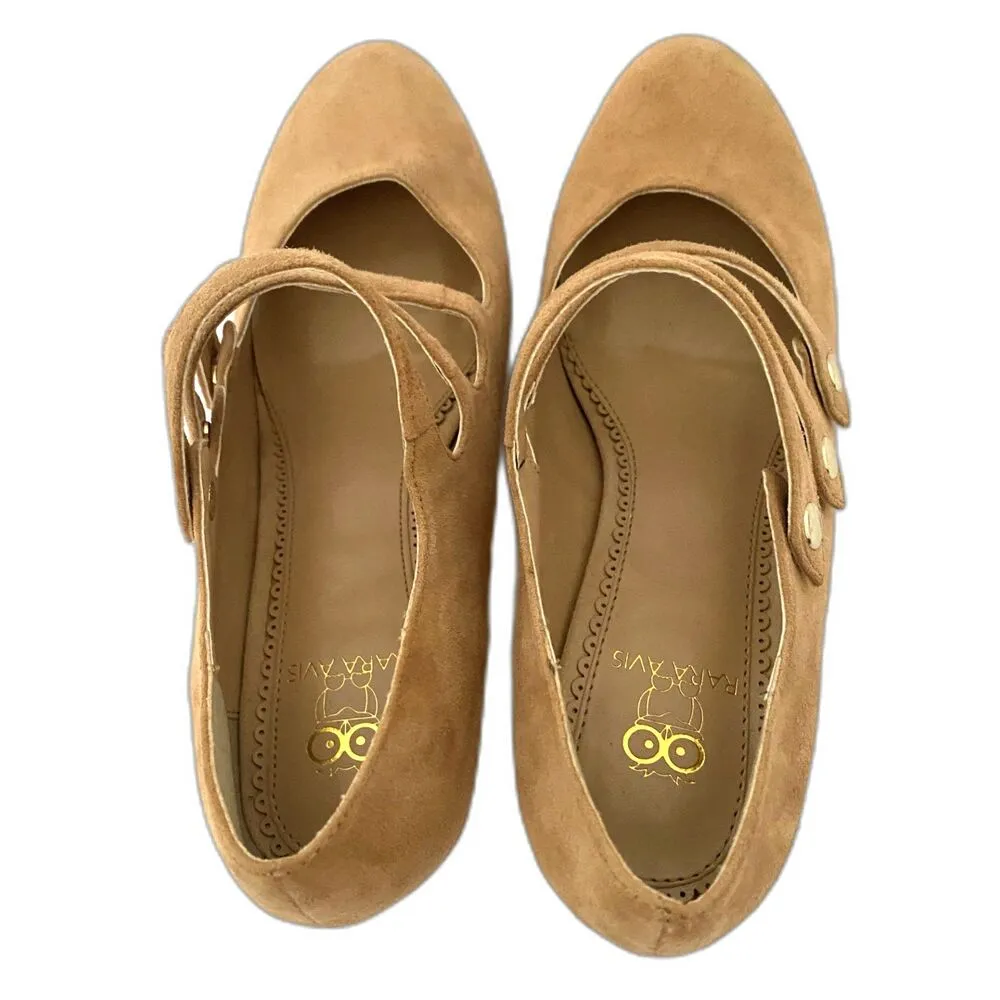 Anthropologie Rara Avis Suede Tan Heel Rockabilly Strappy Twee Mary Janes 7W Brown Size 10 - Image 4