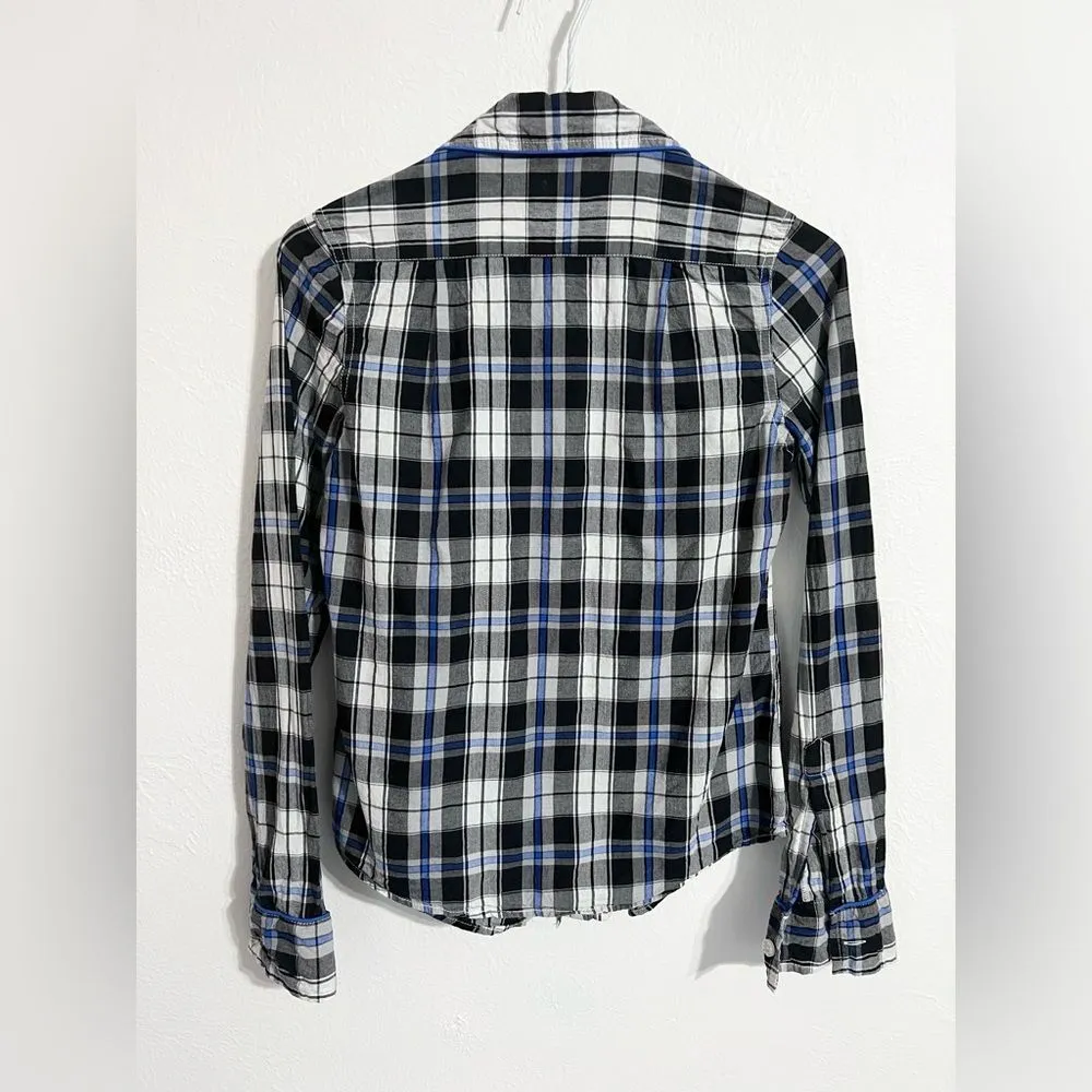 babydoll button down shirt in gray, white and blue plaid, size XS - Image 4