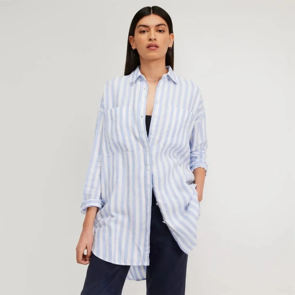 Everlane Way Long 100% Linen Shirt Blue Striped 2 Tunic Top Oversized Minimalist - Image 4