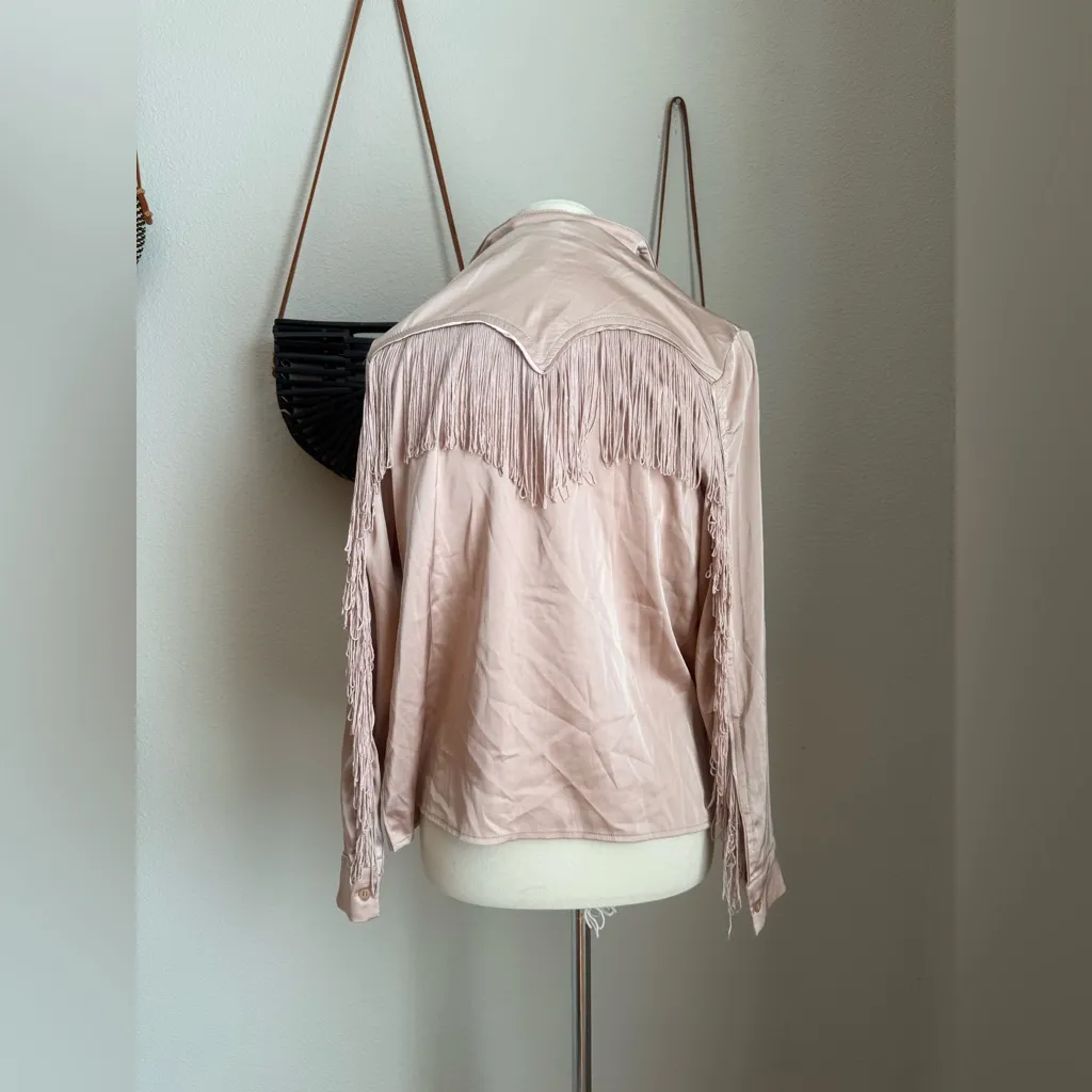 Kittenish Silk Fringe Long Sleeve Button Blouse, Size XS - Image 2
