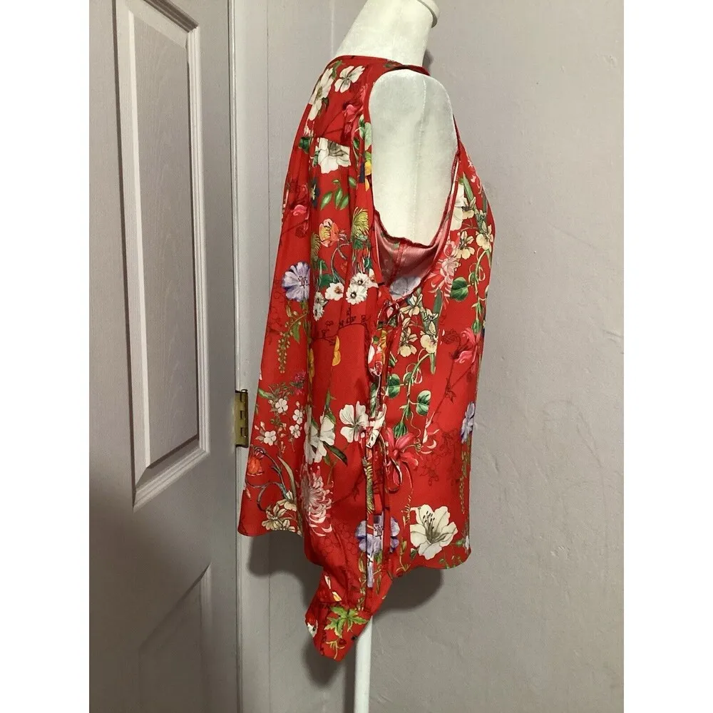 Parker Red Floral Cold Shoulder Tie Sleeve Pullover Blouse XS - Image 4
