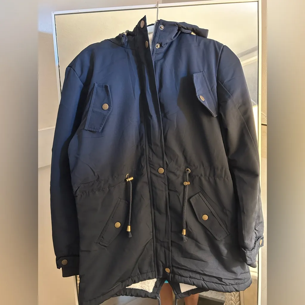 NEW Hooded Winter Coat Warm Fleeced Lined Long Jackets Thick Parka Jacket M Blue Size M - Image 3