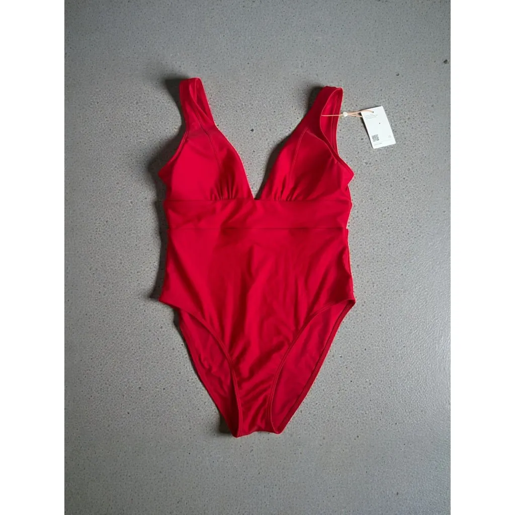 QUINCE Red Italian Plunge One Piece Swimsuit Bathing Suit Size Large NEW NWT - Image 3