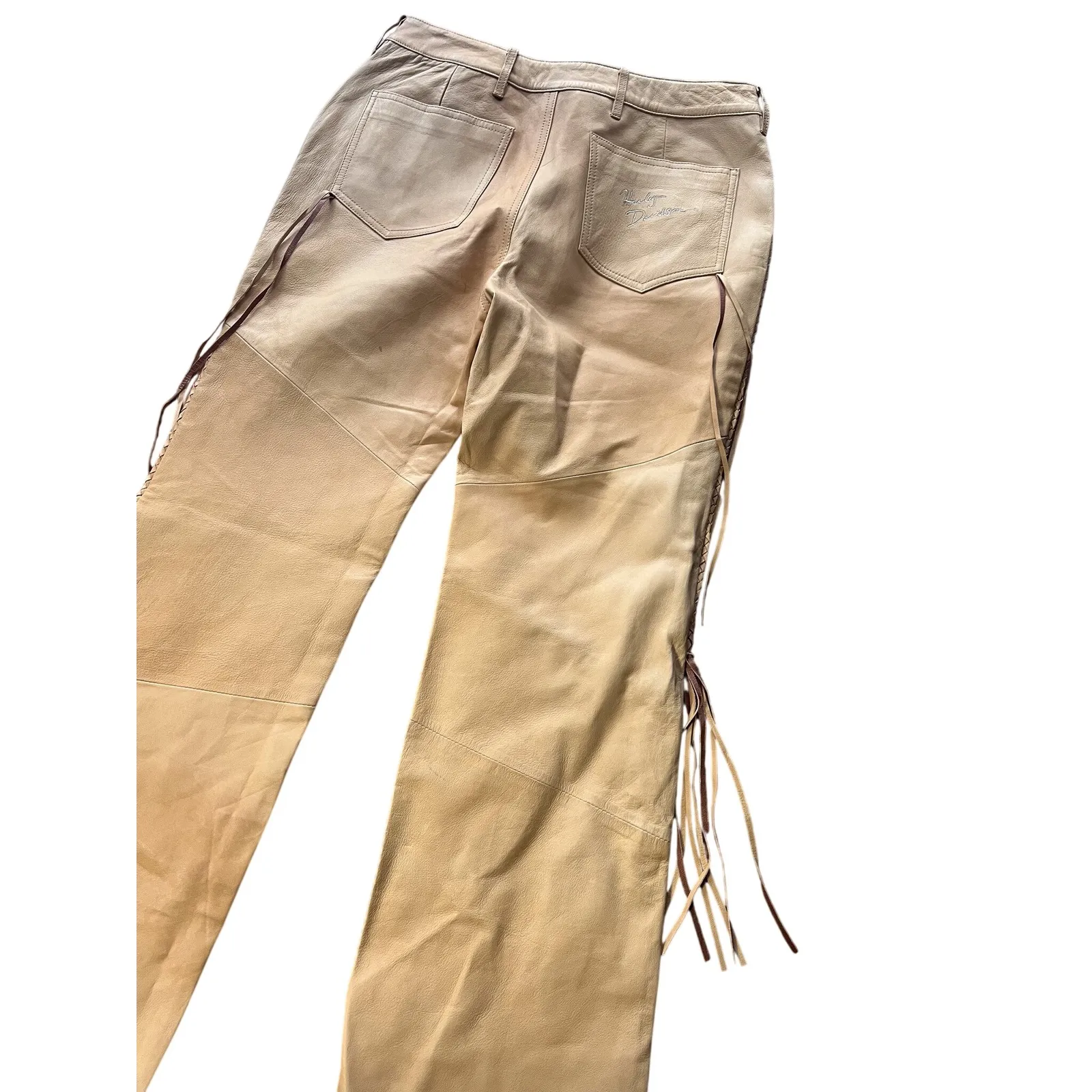 Vintage Harley Davidson Leather Fringe Pants Tan Moto Y2K Women's Size 40/12 - Image 8