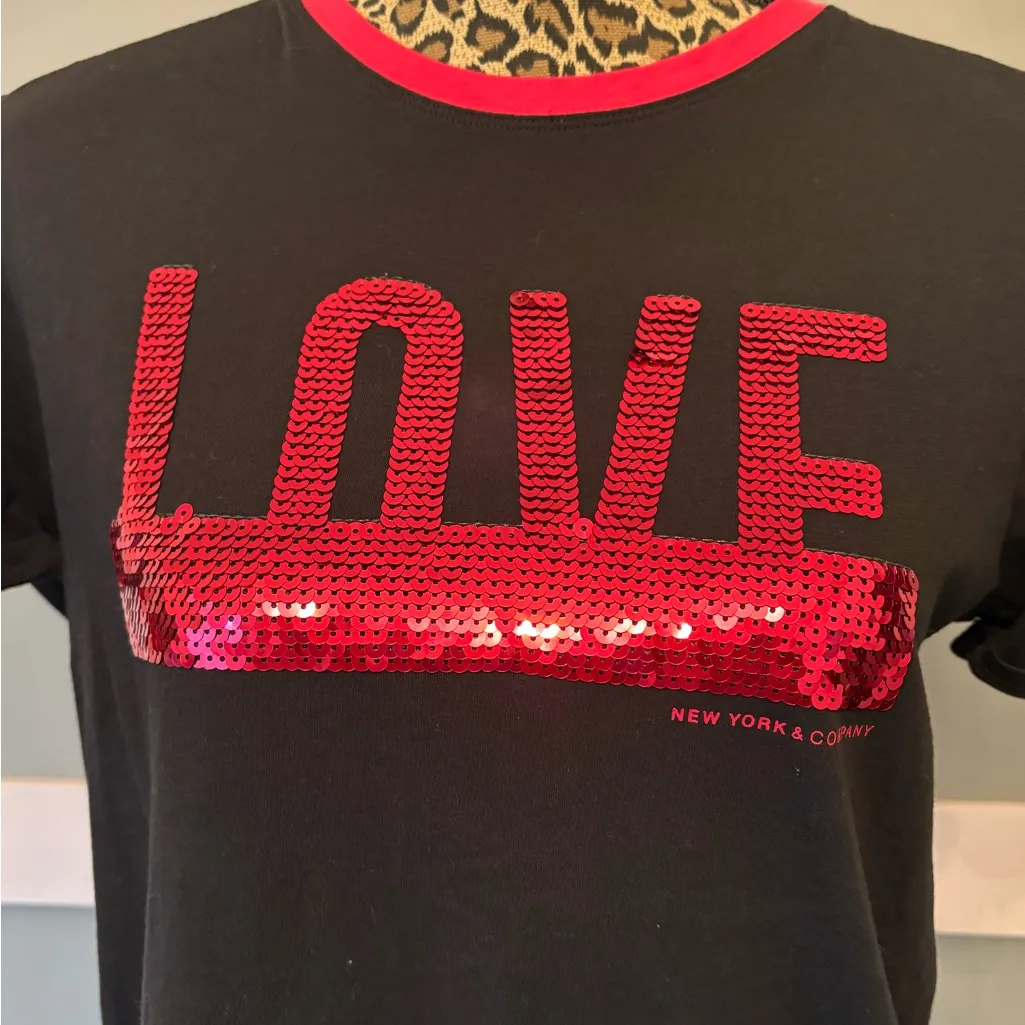 New York & Company Black Tee with Red Sequin Love Design - Image 3