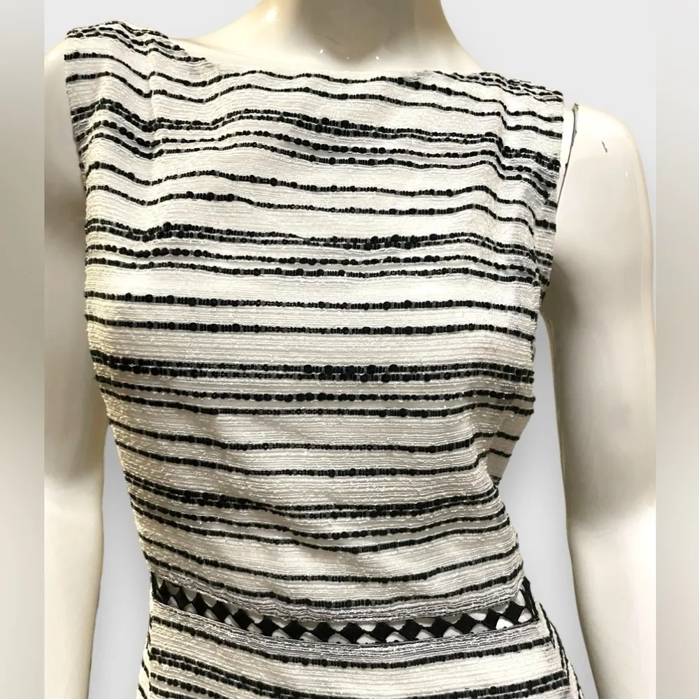 Taylor Sleeveless Ivory Black Tweed Striped Fit N Flare Midi Dress Size 10 NWT White - Image 8