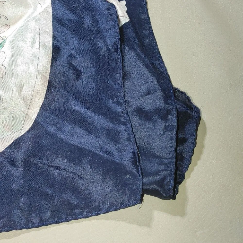 Flowers Floral Print Satin Square Scarf 30 by 30 Navy Border Bow Design - Image 7